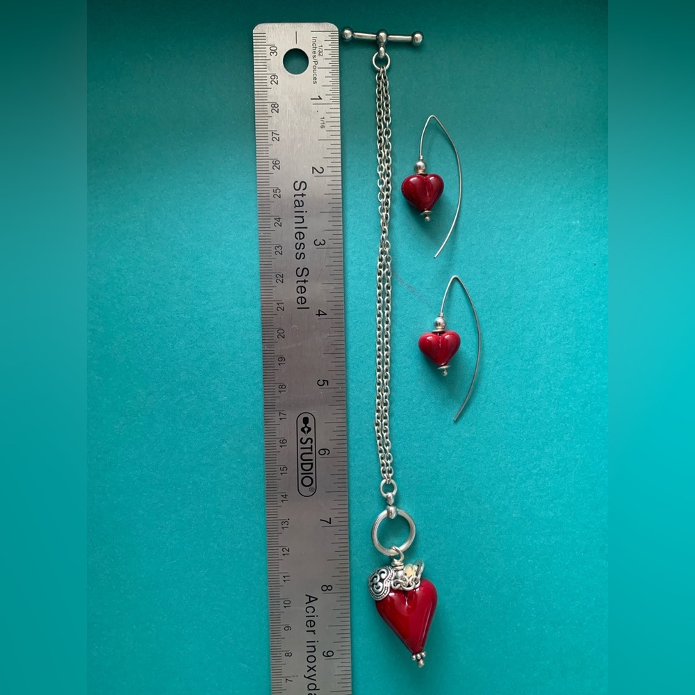 Red Murano glass heart charm on “925” silver toggle bracelet & matching Earrings
